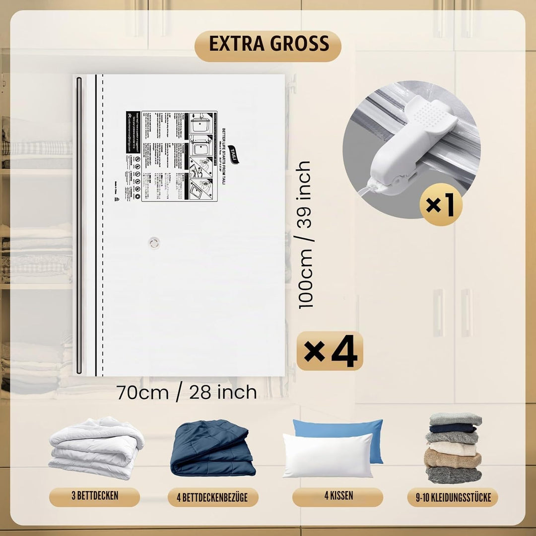 TAILI Vakuumbeutel für Kleidung mit Langer Reissverschluss 4 Stück Extra Grosse 100 X 70 CM Vakuumie