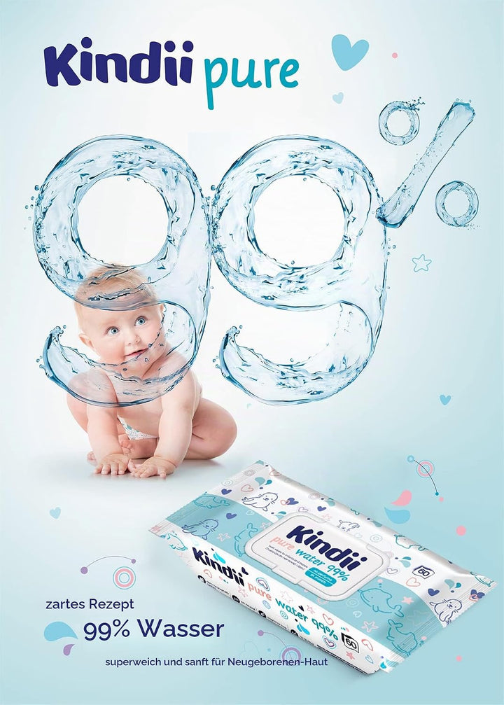 Kindii Feuchttücher Pure Water 99% – (12x60 Stück) Feuchttücher für Babys und Kinder – unparfümiert,