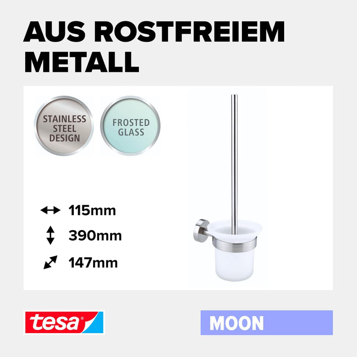 tesa Moon WC-Garnitur, satiniertes Glas und verchromter Edelstahl - Toilettenbürsten-Set zur Wandbef