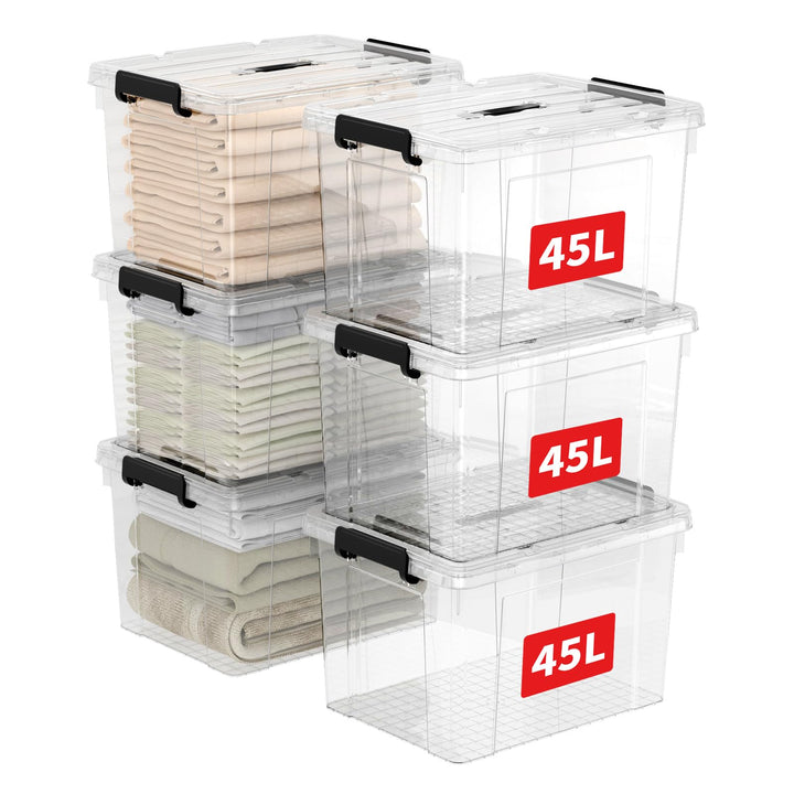 Cetomo,45L,6er-Pack, Aufbewahrungsbox mit deckel,Aufbewahrungsboxen, mit Clips, stapelbar, Wohnzimme