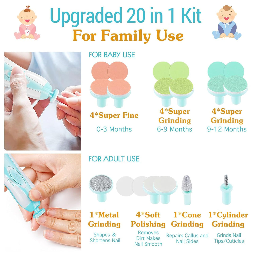 Zooawa Baby Nagelknipser 20 in 1, Elektrischer Baby Nageltrimmer, Nagelfeilen Set mit 12 Ersatzpads,