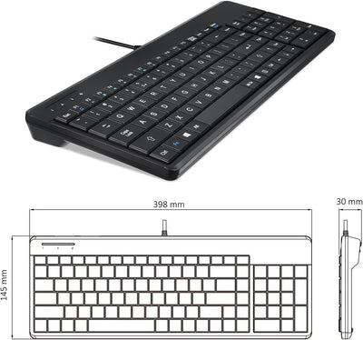 Perixx PERIBOARD-220H US-Tastatur, kabelgebunden, kompakte USB-Tastatur mit 2 Hubs, integriertes Zif