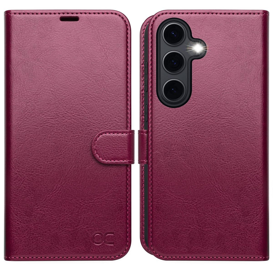 OCASE Handyhülle für Samsung Galaxy S24 FE Hülle Premium Leder Burgundy | Flip Klappbare Klapphülle