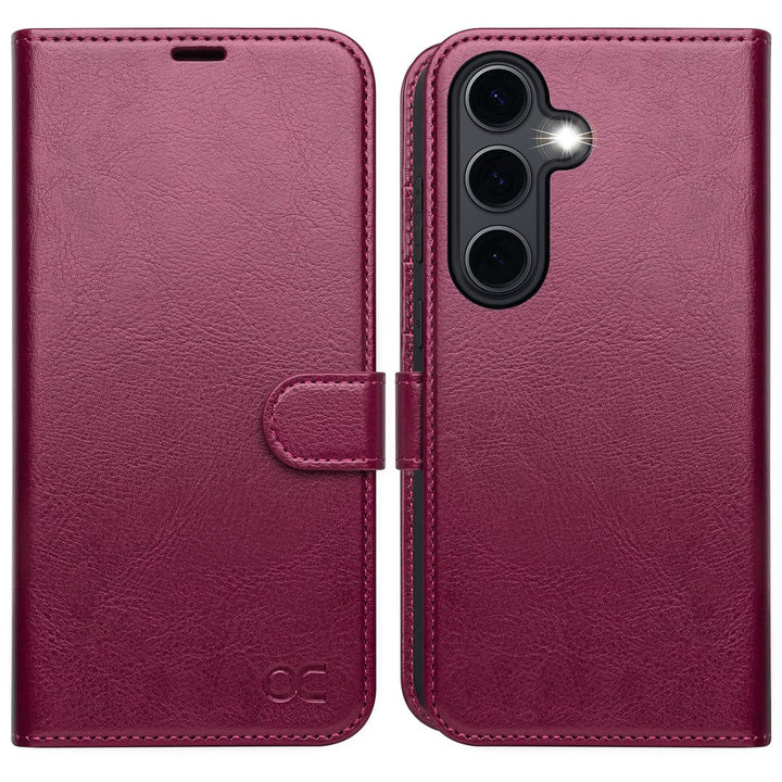 OCASE Handyhülle für Samsung Galaxy S24 FE Hülle Premium Leder Burgundy | Flip Klappbare Klapphülle