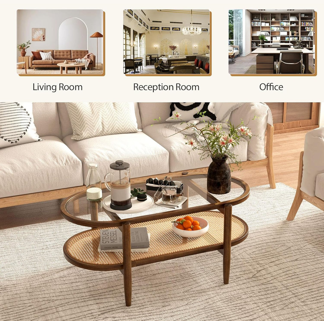 LIFEZEAL Couchtisch Glas aus Holz, Wohnzimmertisch mit 2 Ebenen, Sofatisch Glastisch aus Massivholz,