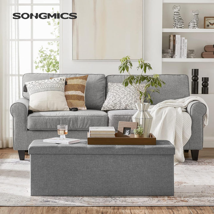 SONGMICS 110 cm Sitzbank mit Stauraum, 2er Set, klappbare Sitztruhe, Aufbewahrungsbox, Fussbank, hel