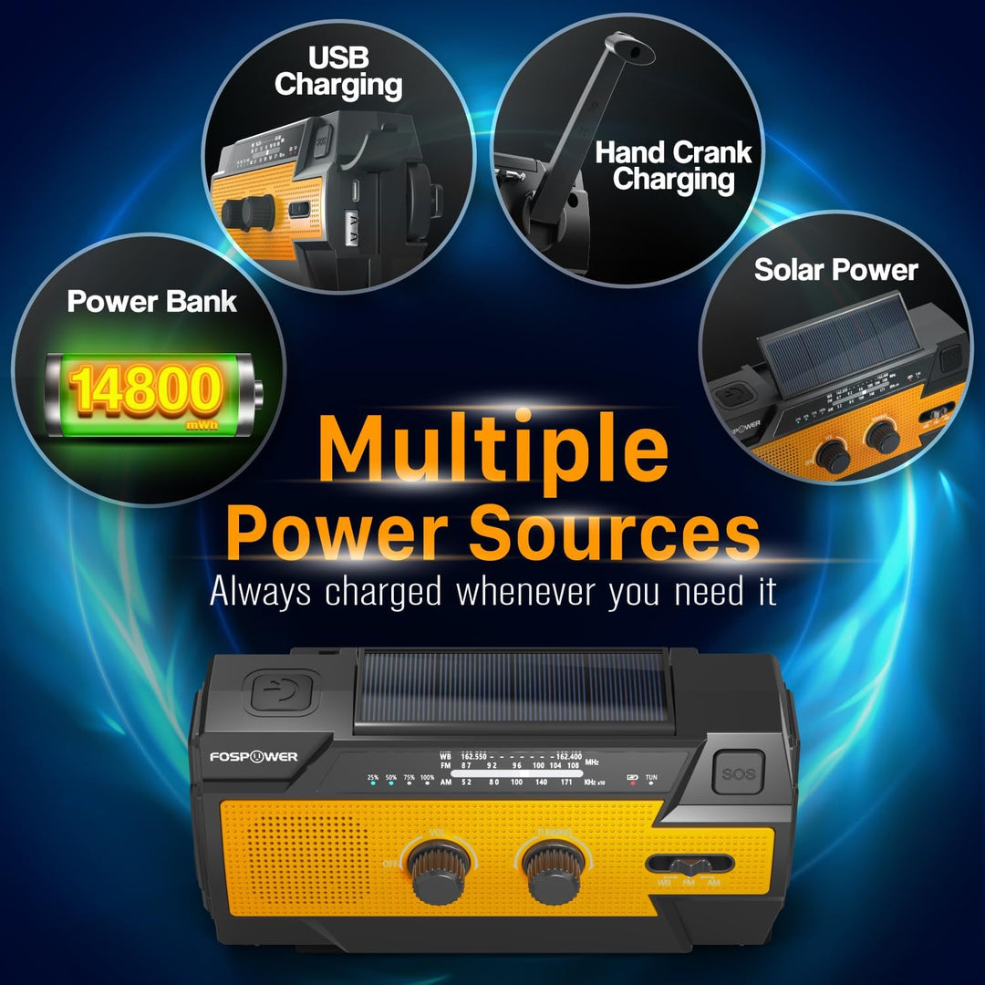 FosPower tragbares Radio 4000mAh (Modell- A3) Solar/Handkurbel/Batteriebetrieben Notfall Kurbelradio