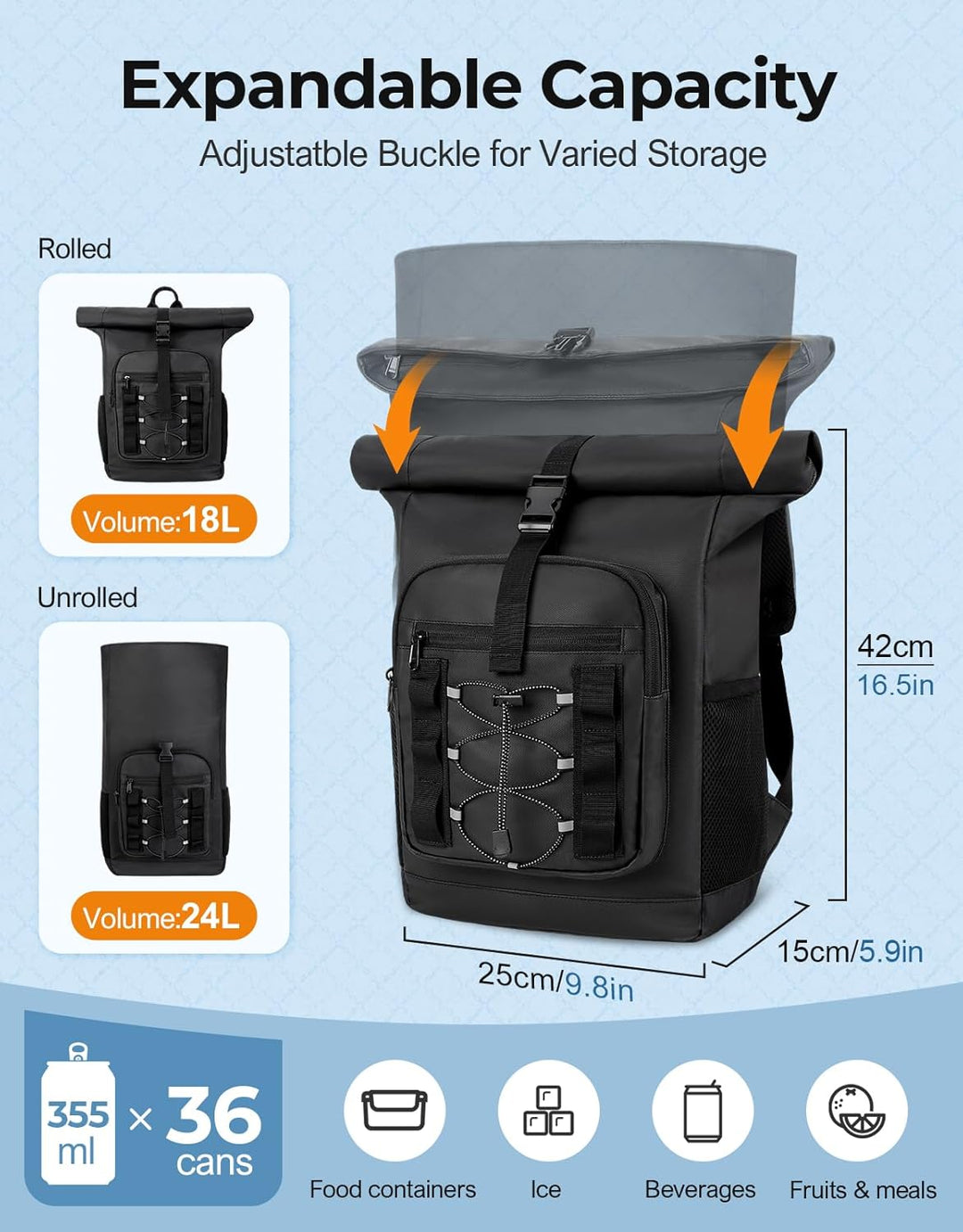 ISEYOU Kühlrucksack Gross 24L, Isolierte Rolltop Kühltasche Rucksack, Auslaufsicherer Cooler Bag mit