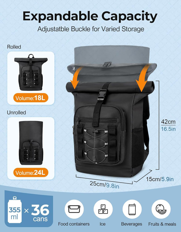 ISEYOU Kühlrucksack Gross 24L, Isolierte Rolltop Kühltasche Rucksack, Auslaufsicherer Cooler Bag mit