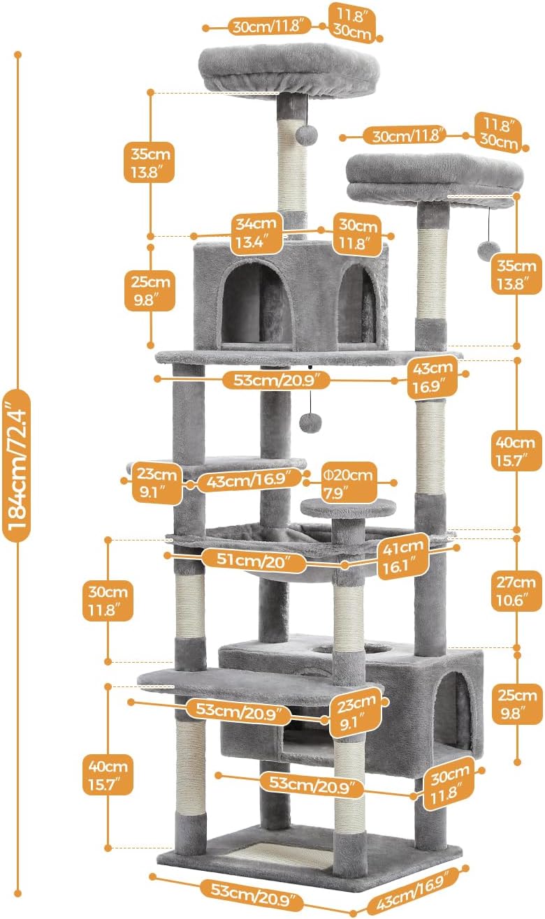 PAWZ Road Kratzbaum für grosse Katzen, 184 cm, 1,9 m grosser Katzenturm mit Sisalüberzogenen Kratzbä