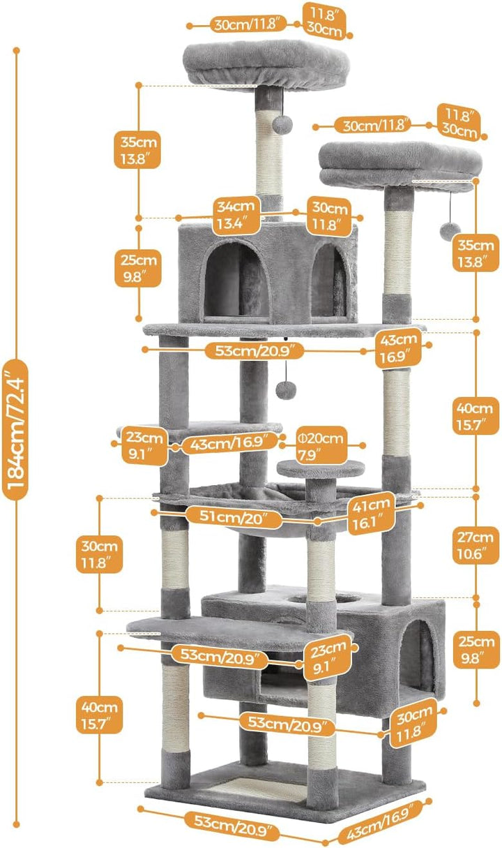 PAWZ Road Kratzbaum für grosse Katzen, 184 cm, 1,9 m grosser Katzenturm mit Sisalüberzogenen Kratzbä