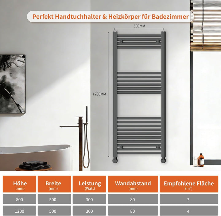 Badheizkörper Seitenanschluss 1200x500mm, 500W Handtuchheizkörper & Handtuchtrockner, Einfach Instal