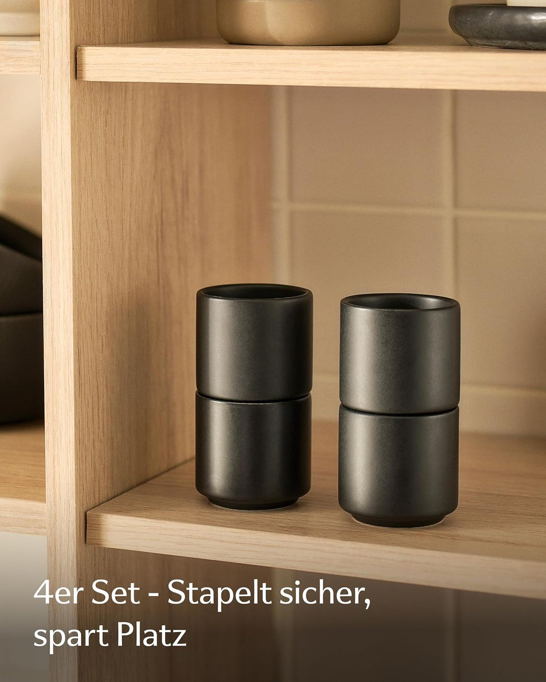 Cosumy Espressotassen Set 4er Schwarz - Espresso Tassen Set ohne Henkel | Stapelbar &amp; Dickwandig - 8