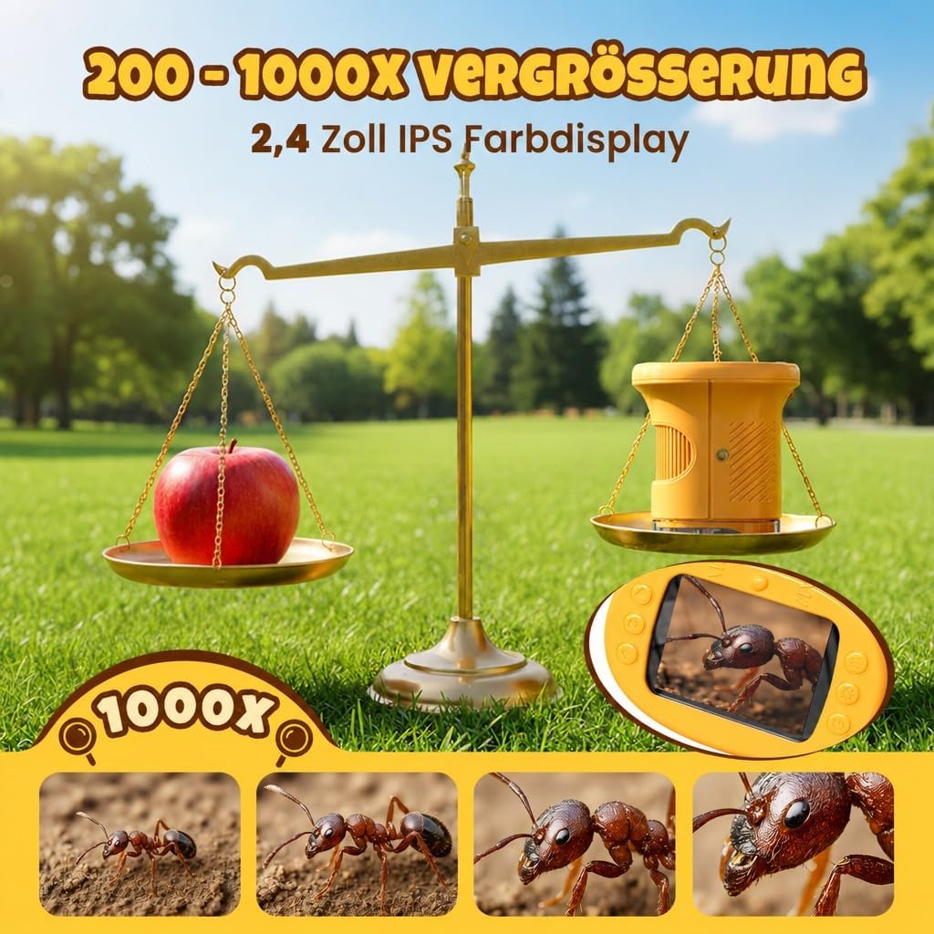 Digitales Mikroskop für Kinder, 1000X 4K HD 2,4" IPS Bildschirm | Elektronische Lupe mit 8 LED,Foto