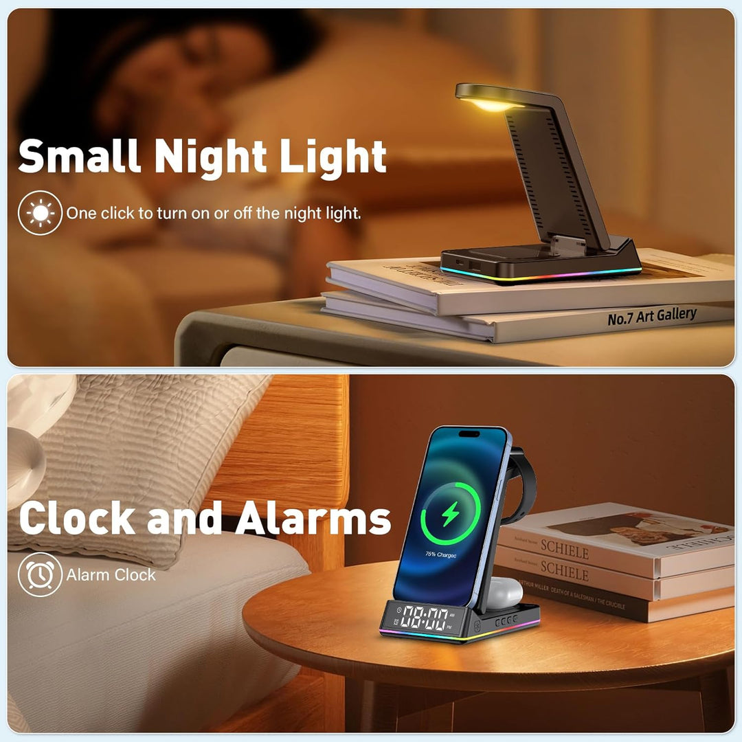 5 in 1 Ladestation Apple Watch und iPhone, Wireless Charger Induktive Ladestation iPhone mit Uhr LED