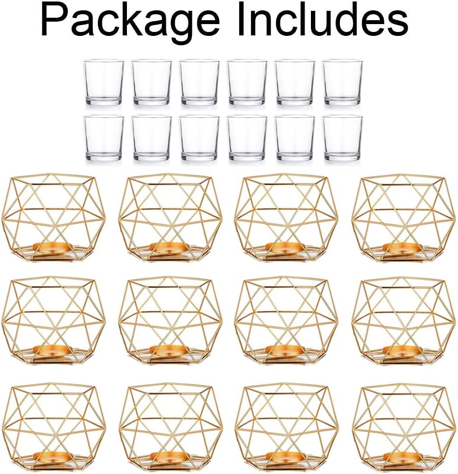 Hewory Teelichthalter Gold Geometrische Metall: 12er Set Teelichthalter Glas Windlicht Goldene Tisch