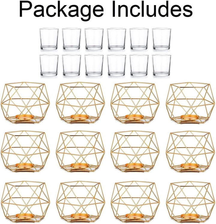 Hewory Teelichthalter Gold Geometrische Metall: 12er Set Teelichthalter Glas Windlicht Goldene Tisch