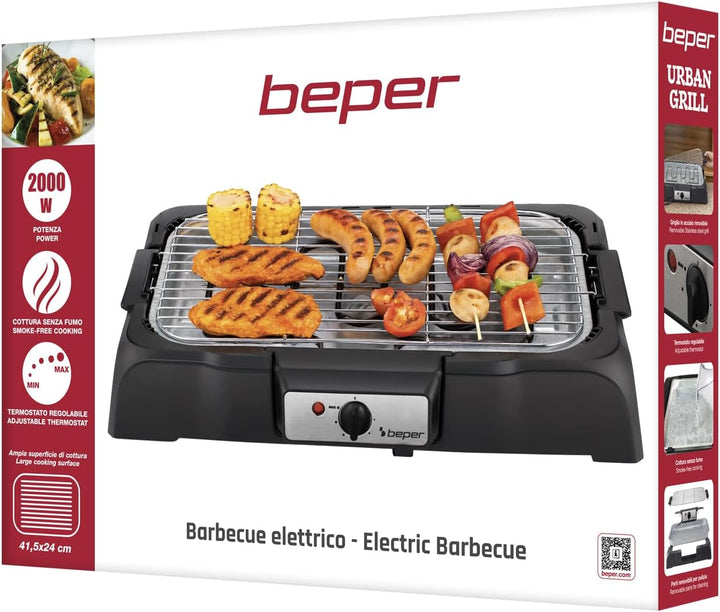 BEPER P101BBQ001 2000W Elektrogrill, XXL-Grillfläche (41,5 x 24 cm), rauchfreies Grillen, zwei Grill