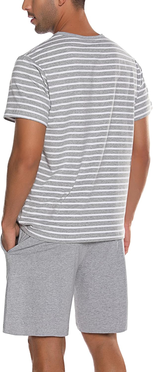 Schlafanzug Herren Kurz aus Baumwolle mit Kontraststreifen Design, Sommer Pyjama Set Oberteile und K