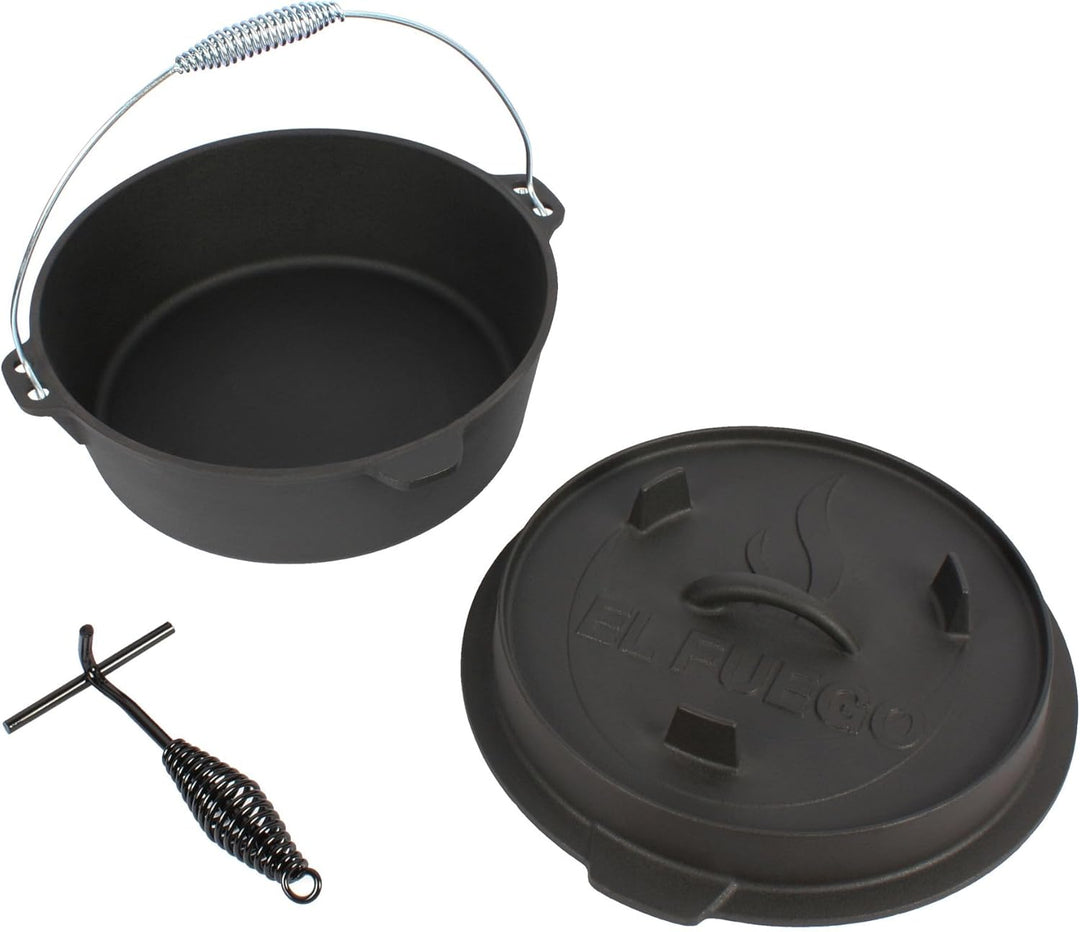 Dutch Oven 7,3 Liter von El Fuego®, 100% Gusseisen, inkl. Schürhaken und Tragebügel, Camping & Outdo