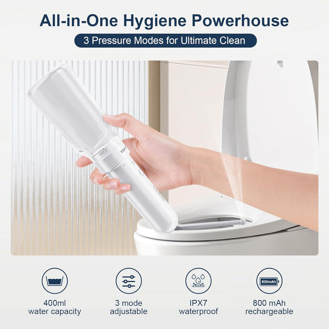 Tragbares Bidet für Reisen - USB-C Wiederaufladbar, 3 Modi, 400 ml, Wasserdichter Sprüher + 2 Düsen