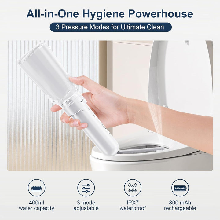 Tragbares Bidet für Reisen - USB-C Wiederaufladbar, 3 Modi, 400 ml, Wasserdichter Sprüher + 2 Düsen