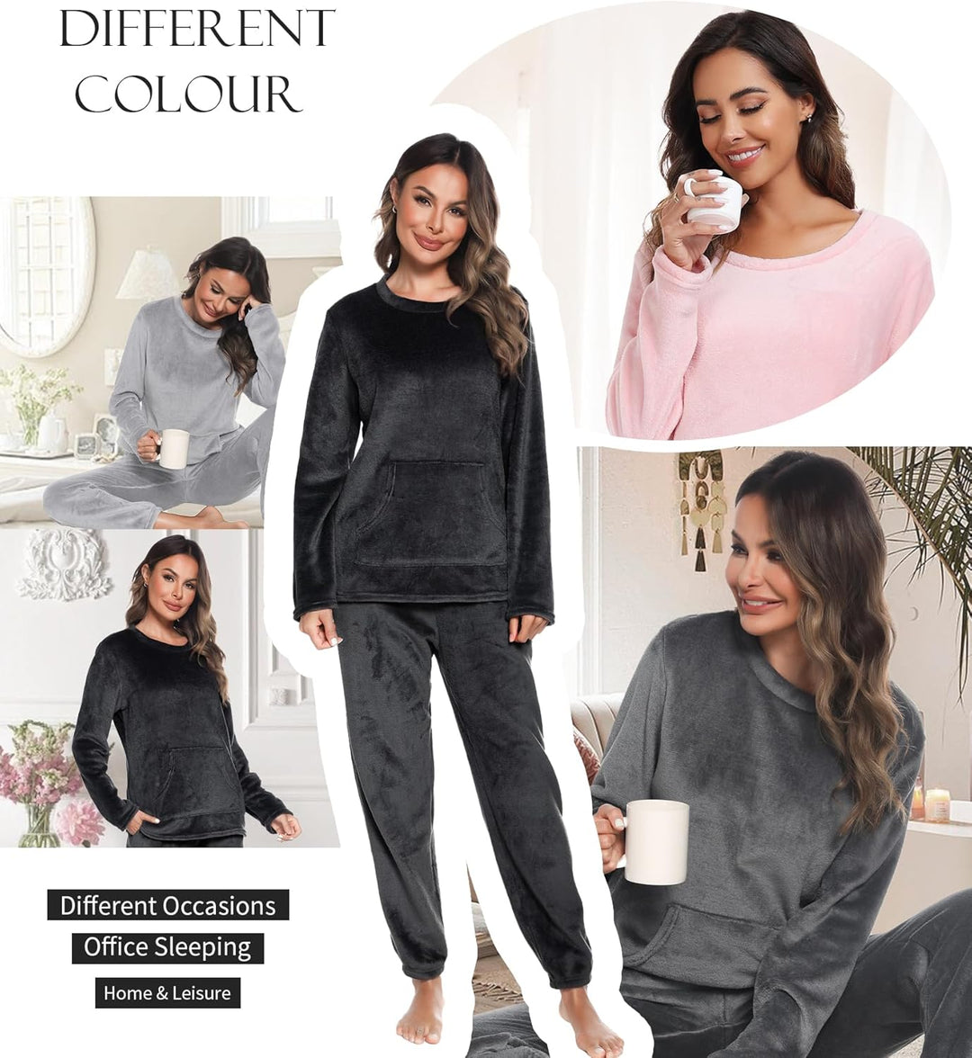 Lovasy Fleece Schlafanzug Damen Lang Winter Warmer Pyjama Set Flauschiger Frottee Schlafanzüge für D