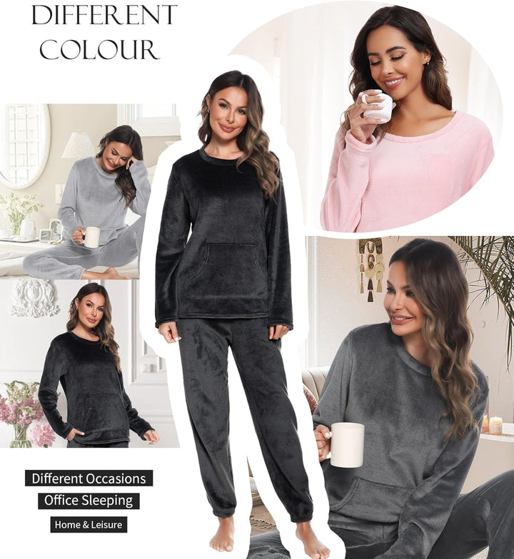 Lovasy Fleece Schlafanzug Damen Lang Winter Warmer Pyjama Set Flauschiger Frottee Schlafanzüge für D