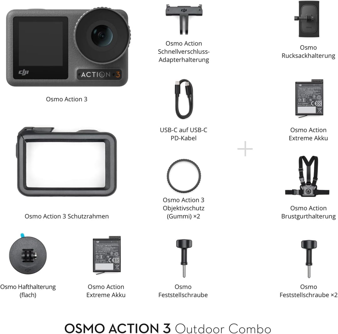 DJI Osmo Action 3 Outdoor Combo - 4K/120fps Action-Cam mit Brust- und Rucksackhalterung zum Wandern