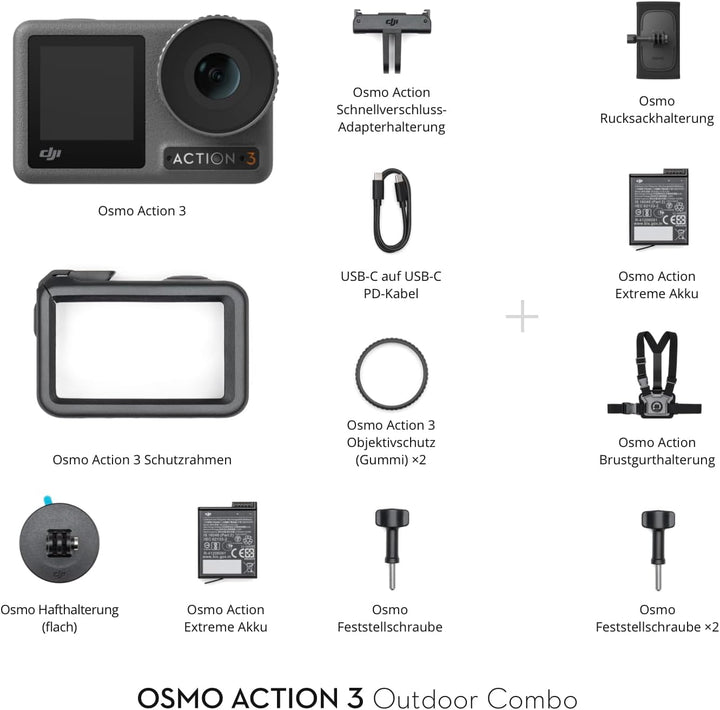 DJI Osmo Action 3 Outdoor Combo - 4K/120fps Action-Cam mit Brust- und Rucksackhalterung zum Wandern