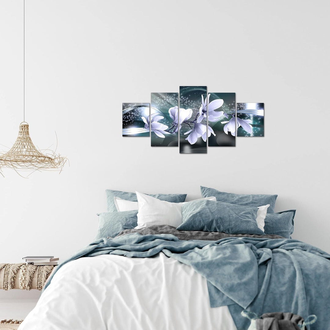 Runa Art Wandbilder Blumen Magnolien 5 Teilig Bild auf Vlies Leinwand Deko Wohnzimmer Grau Blau 2070