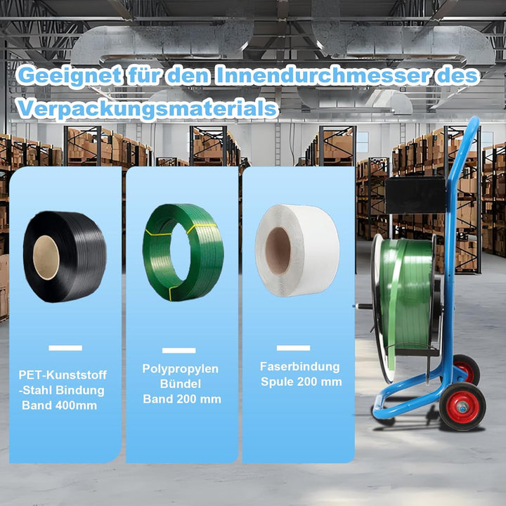 Abrollwagen für PET-/PP-/Faser-Umreifungsband mit 203 mm Kern, robuster Profi Umreifungsspender, fah