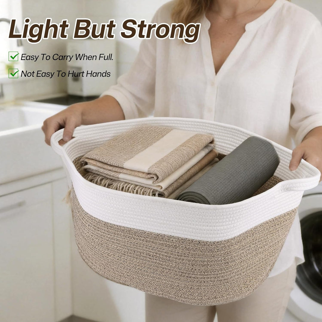 60L 53 x 38 x 29 cm Grosser Geflochtener Wäschekorb, Baumwollseil-Material, Stabil mit Lederhenkeln,