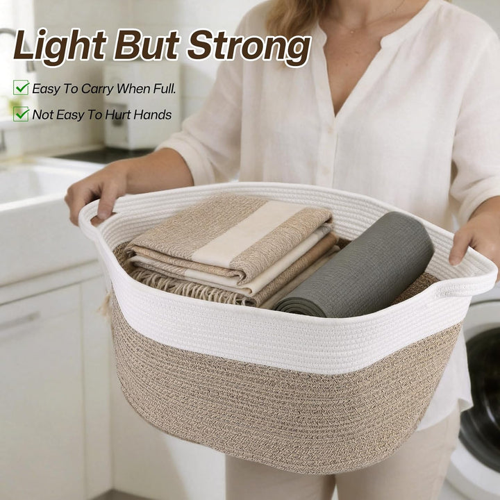 60L 53 x 38 x 29 cm Grosser Geflochtener Wäschekorb, Baumwollseil-Material, Stabil mit Lederhenkeln,
