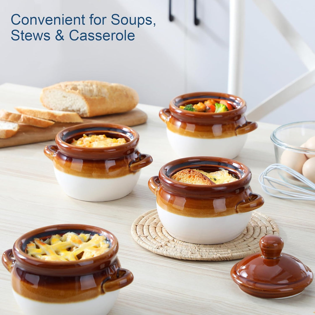 LOVECASA Onion Soup Bowls, French Onion Soup Crocks, 4 Stück Steingut Suppenschalen mit Deckel, 660m