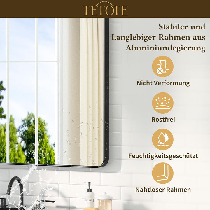 TETOTE 40x50cm Wandspiegel Schwarz Ohne Beleuchtung, Rechteckig Badspiegel mit Runder Ecke, Metallra