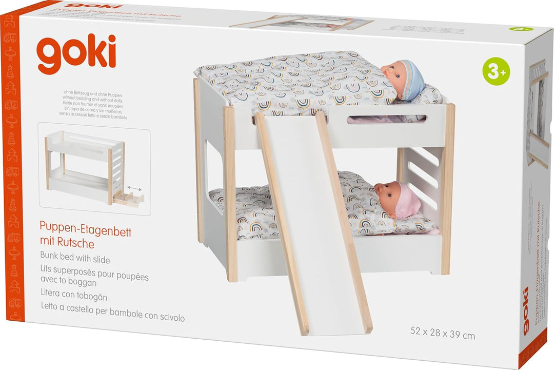 goki 51451 – Puppen-Etagenbett mit Rutsche – stabiles Bett aus Holz für Zwei Puppen
