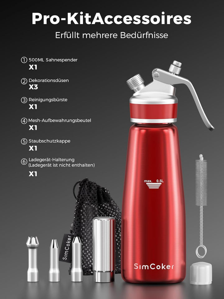 SimCoker Sahnespender 500ml, Aluminium Schlagsahnebereiter für Schlagsahne, Cremes und Sossen,Sahnes