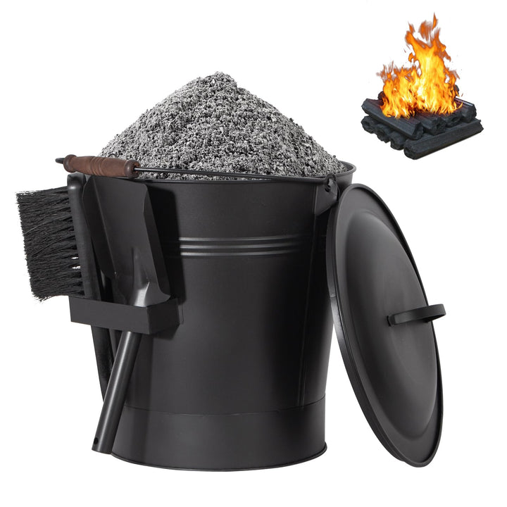 Todeco Ascheeimer Metall 24 L mit Deckel, Schaufel & Bürste, Hitzebeständiger, Holzgriff, Für Kamin,