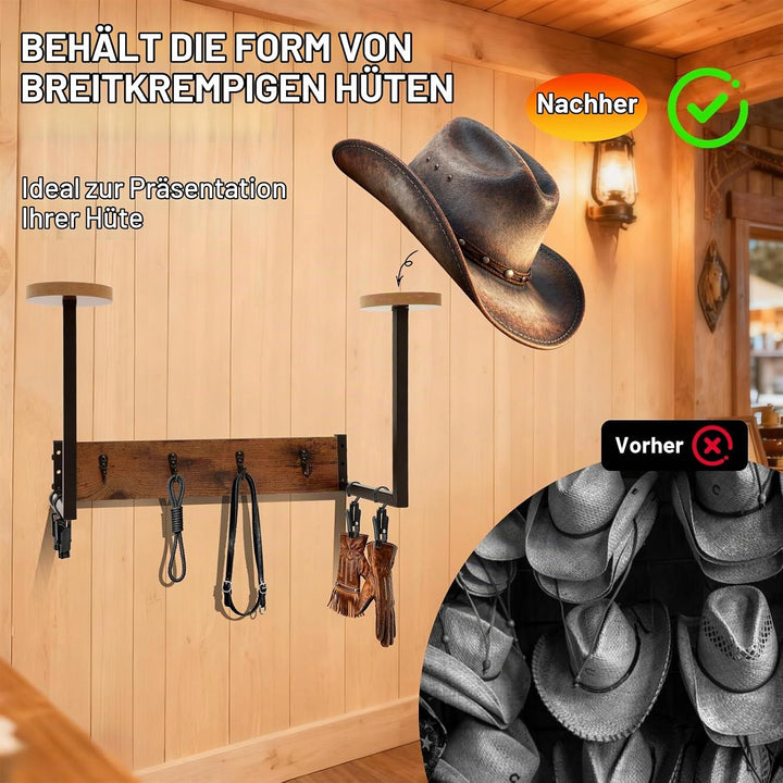 Helmhalterung Wand, Holz Hutständer Wand für Cowboyhut, Motorrad Garderobe Hutaufhänger mit 4 Metall