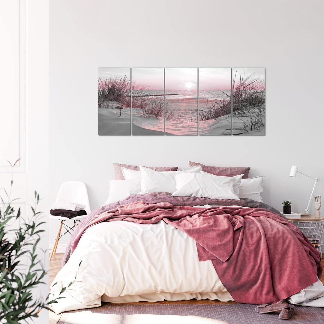 Runa Art Wandbild XXL Strand Sonnenuntergang Schlafzimmer Wohnzimmer 200 x 80 cm Rosa Grau 5 Teilig