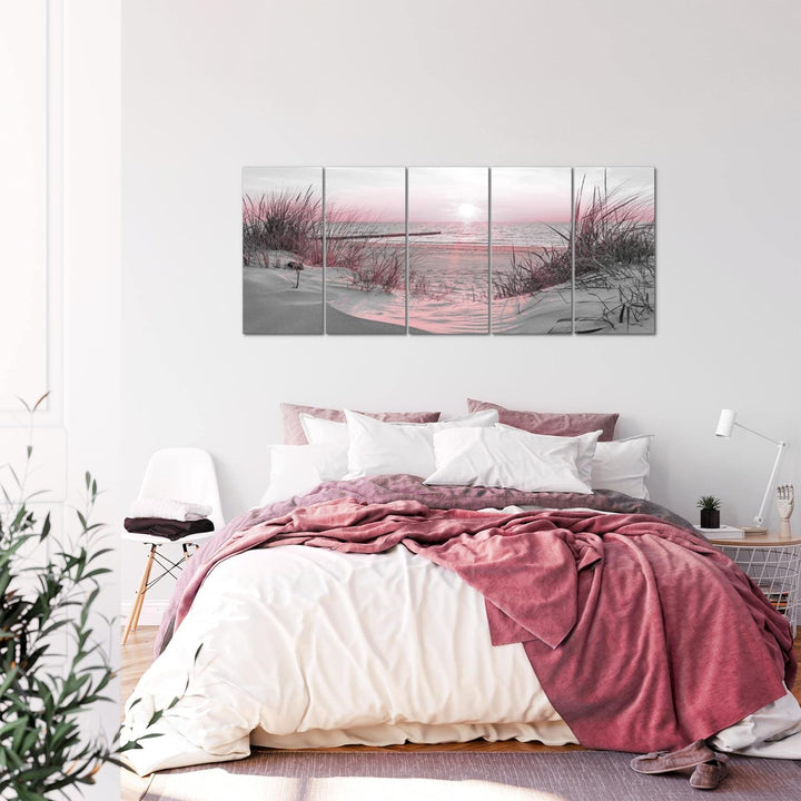 Runa Art Wandbild XXL Strand Sonnenuntergang Schlafzimmer Wohnzimmer 200 x 80 cm Rosa Grau 5 Teilig
