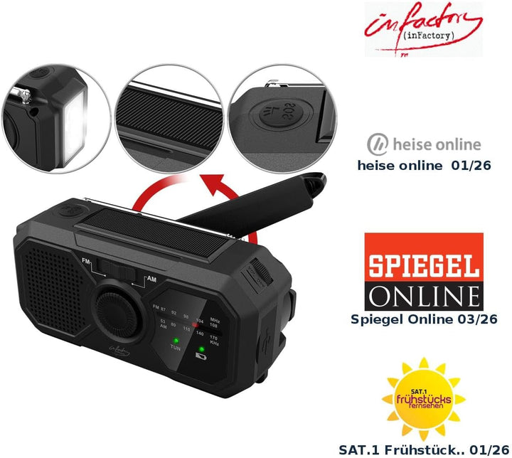 infactory Kurbelradios: Solar- und Dynamo-Koffer-Radio mit LED-Licht, SOS, Powerbank-Funktion (Solar