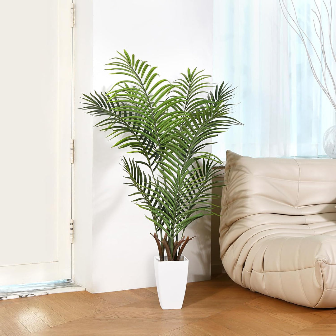 Kazeila Künstliche Pflanzen Gross 120cm Kunstpalme Kunstpflanze mit Weiss Topf Fake Plastikpflanzen