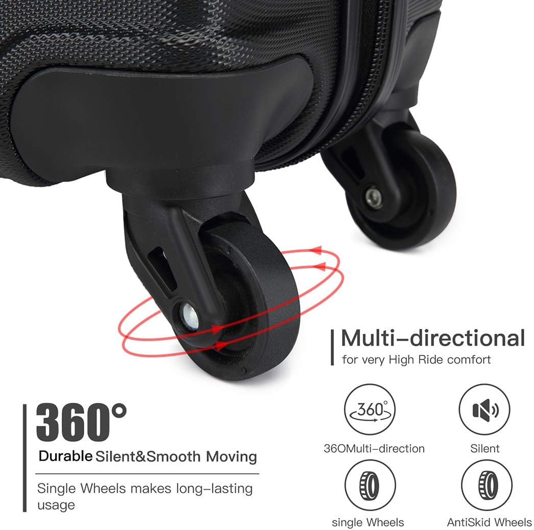 KONO Hartschalen ABS Koffer Trolley Rollkoffer Reisekoffer mit 4 Rollen Schwarz Handgepäck, Schwarz