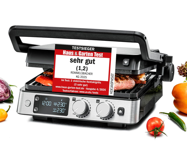 ROMMELSBACHER Kontaktgrill KG 2025, Kontakt- und Flächengrill, getrennt regelbare Grillflächen, kera