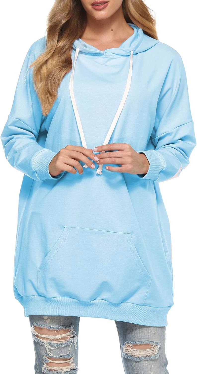 Famulily Damen Oversized Hoodie Kleid Baumwolle Lang Sweatshirt mit Kapuze Einfarbige Kapuzenpullove