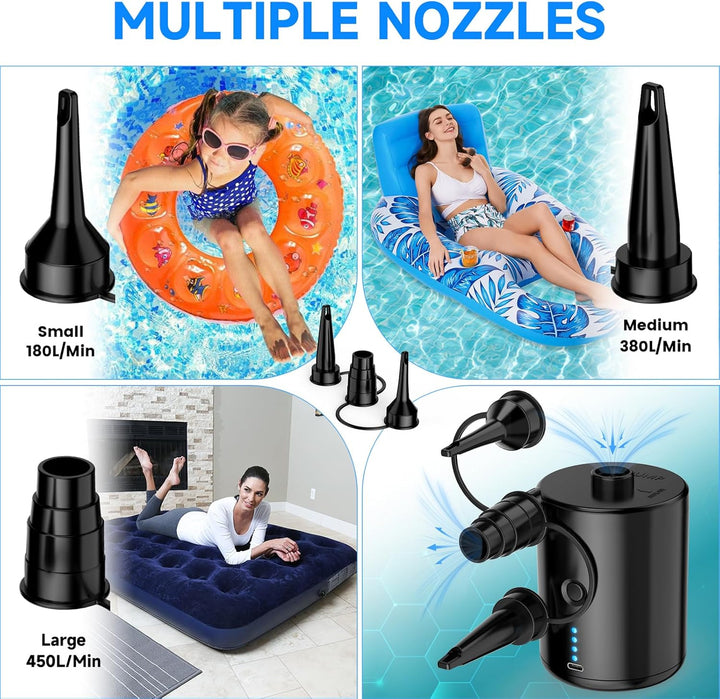 Elektrische Luftpumpe, 4000mAh Akku Elektrische Pumpe mit 4 Düsen für Luftmatratze, Matratze, Pool,
