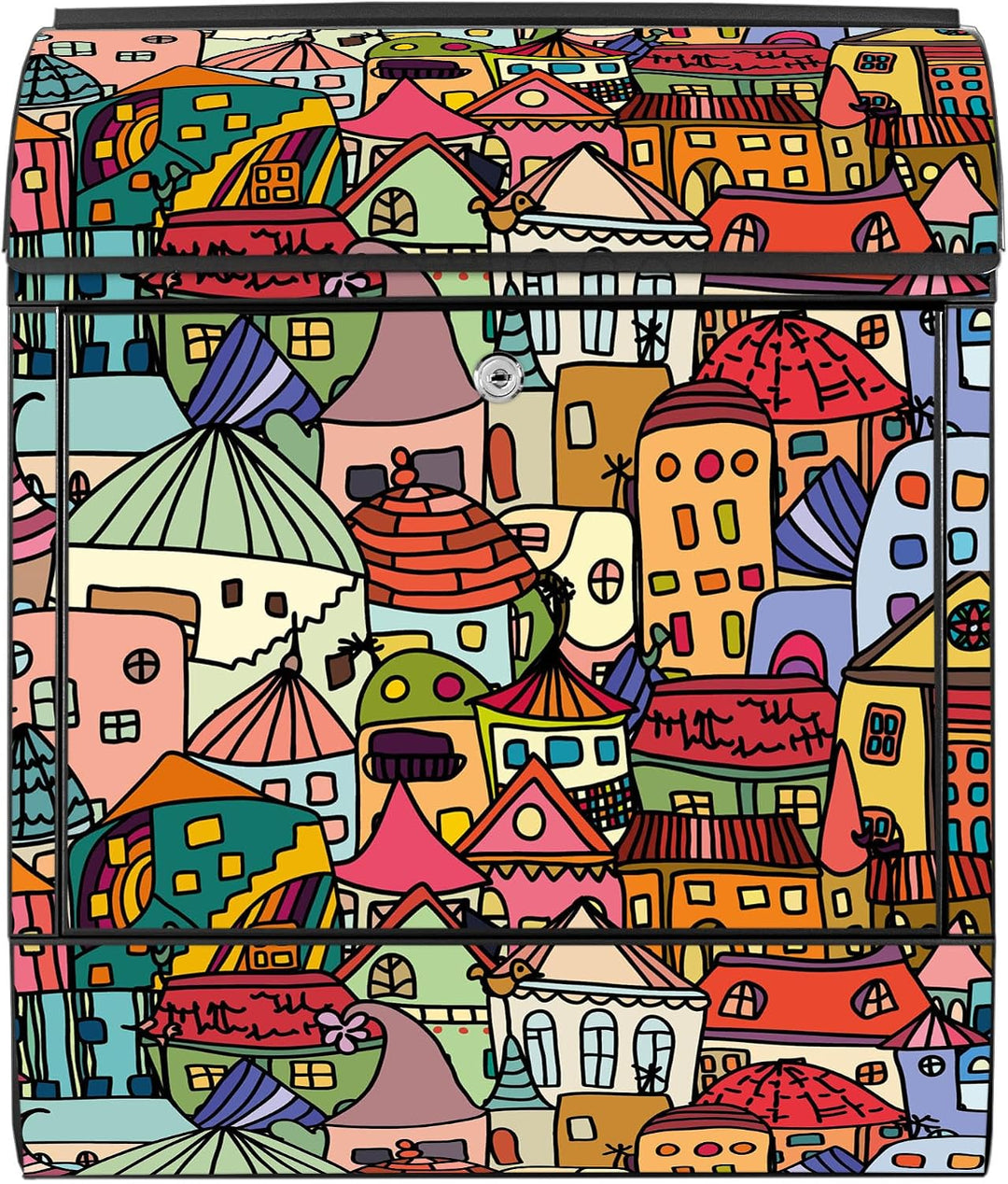 banjado® Design Briefkasten mit Motiv Funky Town 39x47x14cm &amp; 2 Schlüssel - Briefkasten Stahl schwar