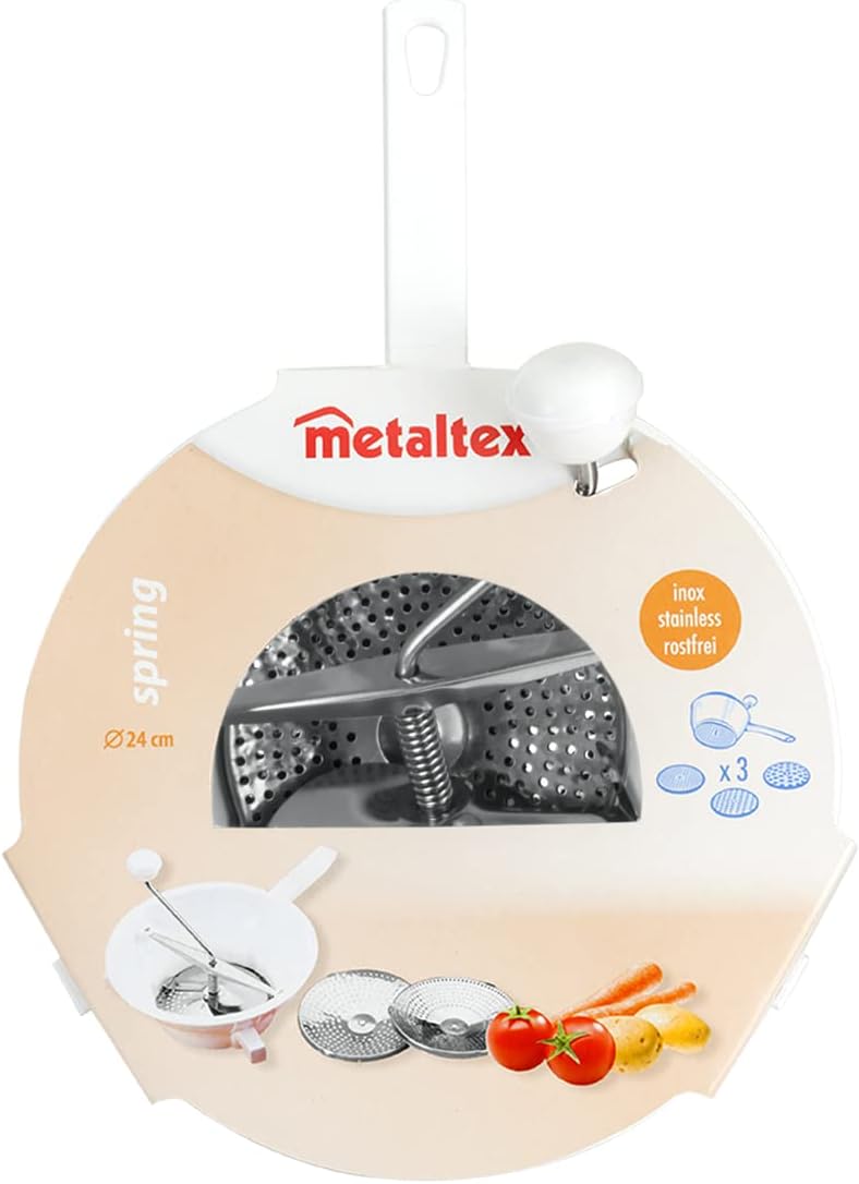 Metaltex Passiermaschine Spring mit 3 Edelstahl Scheiben, ø 24 cm, Weiss Weiss 24 cm, Weiß 24 c